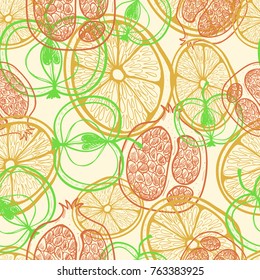 Seamless pattern with doodle juicy fruits