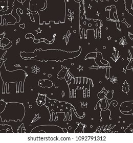 Seamless pattern of doodle jungle animals: elephant, lion, zebra, crocodile, giraffe. Cute vector illustration for baby's, kid's textule, fabric, wallpaper design. Hand drawn background.