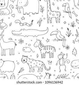 Seamless pattern of doodle jungle animals: elephant, lion, zebra, crocodile, giraffe. Cute vector illustration for baby's, kid's textule, fabric, wallpaper design. Hand drawn background.