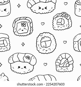 Patrón sin foco con doodle kawaii sushi. Impresión de anime para estuche de teléfono, fondos, moda, papel de envoltura y textiles. Ilustración vectorial
