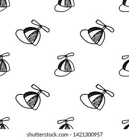 Seamless pattern doodle kid hat icon. Hand drawn black sketch. Sign symbol. Decoration element.  Isolated on the white background. Flat design. Vector illustration.
