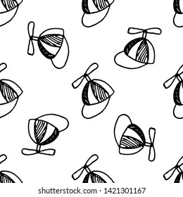 Seamless pattern doodle kid hat icon. Hand drawn black sketch. Sign symbol. Decoration element.  Isolated on the white background. Flat design. Vector illustration.