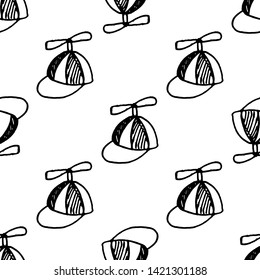 Seamless pattern doodle kid hat icon. Hand drawn black sketch. Sign symbol. Decoration element.  Isolated on the white background. Flat design. Vector illustration.