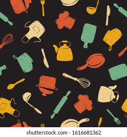 Seamless pattern with doodle kitchen utensils. Cooking food vector background
