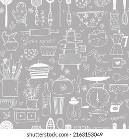 Seamless pattern with doodle kitchen utensils. Inscription "Bon appetit" in different languages.Can be used for wallpaper, pattern fills, textile, web page background, surface textures