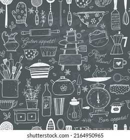 Seamless pattern with doodle kitchen utensils on blackboard background. Can be used for wallpaper, pattern fills, textile, web page background, surface textures