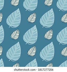Seamless pattern with doodle leafs silhouettes. Simple botanic outline artwork in blue pastel palette. Designed for wallpaper, textile, wrapping paper, fabric print. Vector illustration.
