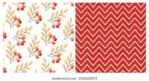 Seamless pattern doodle leaves and berries and chevron pattern, on isolated background. Hand drawn background for Autumn harvest holiday, Thanksgiving, Halloween, seasonal, textile, scrapbooking.