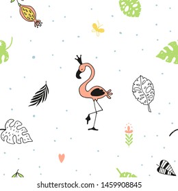 Seamless pattern with doodle leaves , flowers and flamingo