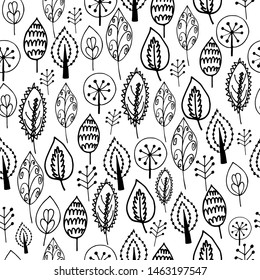 Seamless pattern with doodle leaves. Natural ornament. Vector textured hand drawn pattern.  Abstract background with linear elements.