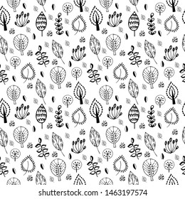 Seamless pattern with doodle leaves. Natural ornament. Vector textured hand drawn pattern.  Abstract background with linear elements.