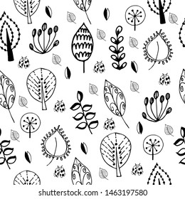 Seamless pattern with doodle leaves. Natural ornament. Vector textured hand drawn pattern.  Abstract background with linear elements.