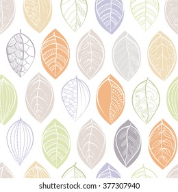 A seamless pattern with doodle leaves. Textile print. Set of doodle  leaves isolated on white. Spring  pattern  in doodle style. Vector illustration isolated on white background in pastel colors
