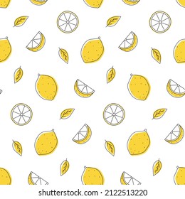 Seamless pattern doodle lemon outline with spots. Whole, pieces, and leaves. 