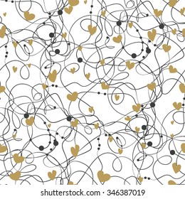 Seamless pattern with doodle lines and hearts. Valentines Day background. Can be used for texture, wallpapers, web, greeting cards and scrapbooking design