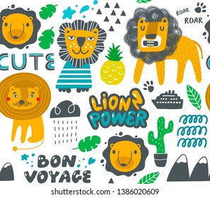 Seamless pattern with doodle lions and tropical objects. Vector wallpaper for decorating baby room or kids fabric.