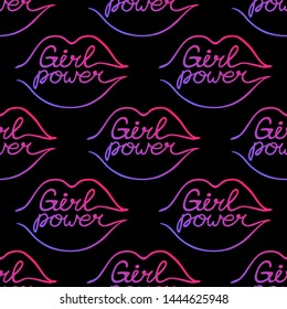 Seamless pattern with doodle lips and girl power inscription. One line female neon lips isolated on black background. 