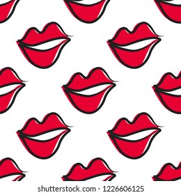 Seamless pattern with doodle lips. Hand drawn female red lips isolated on white background. 