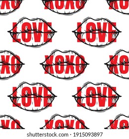 Patrón sin foco con labios de doodle y cita roja "amor" y "xoxo". Los labios femeninos dibujados a mano aislados sobre fondo blanco. Pancarta moderna de moda.