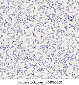 Seamless pattern of doodle love elements. St. Valentine background. Ball pen style texture. Hand drawn hearts, dove, lips and decorative lettering. Pattern for wrapping, wallpaper, web, design etc