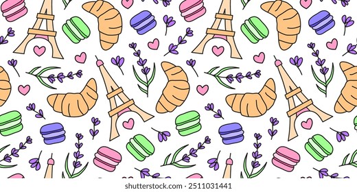 Padrão sem emenda com macarões doodle, torre Eiffel, galhos lavanda, corações e croissants. Papel de parede bonito francês.