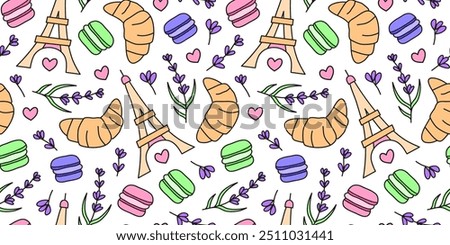 Seamless pattern with doodle macarons, Eiffel tower, lavender twigs, hearts and croissants. Cute French wallpaper.