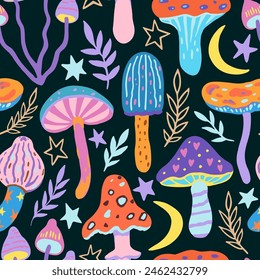 Seamless pattern with doodle magic mushrooms. Vector illustration of fairy cartoon mushrooms, stars and plants in boho style.