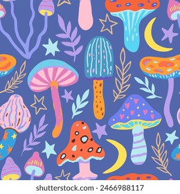 Seamless pattern with doodle magic mushrooms. Vector illustration of fairy cartoon mushrooms, stars and plants in boho style.