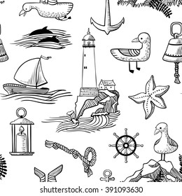 Seamless pattern with doodle marine objects