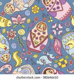 Seamless pattern with doodle matryoshka dolls