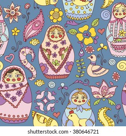 Seamless pattern with doodle matryoshka dolls