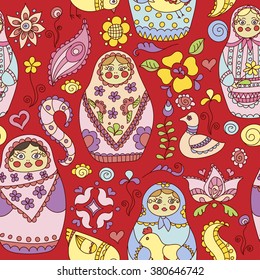 Seamless pattern with doodle matryoshka dolls