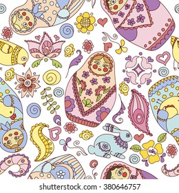 Seamless pattern with doodle matryoshka dolls