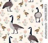 Seamless pattern with doodle meadow flowers and cute Canada geese. Cute floral nursery print. Vector illustration.