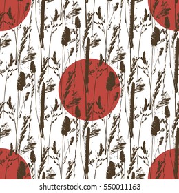 Seamless pattern with doodle meadow grass on the background in Japanese style. Floral retro design for wallpaper, wedding, cards and packaging, fabric textile. China and Japan style