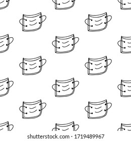 Patrón sin inconvenientes con la máscara facial médica doodle. Aislado sobre fondo blanco. Ilustración de material vectorial.