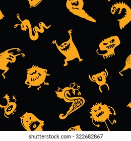 Seamless pattern with doodle monsters silhouettes. Halloween holidays background. Vector illustration. Ghost, alien, insect characters. Black and yellow colors