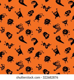Seamless pattern with doodle monsters silhouettes. Halloween holidays celebration background. Ghost, alien, insect cute character. Vector illustration in black and orange colors