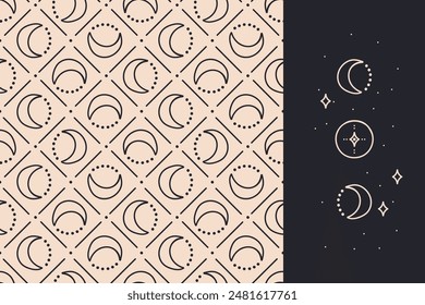 Seamless pattern with doodle moon phases. Simple vector background and design element set. Amulet decorative ornament. Elegant trendy fabric, wrapping paper print, textile design, wallpaper.