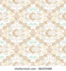Seamless pattern with doodle moons and hamsa symbols, tribal magical ornament, vector illustration