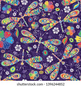 Seamless pattern with doodle mosaic colorful dragonflies and flowers on dark violet background. Vector image. Eps 8