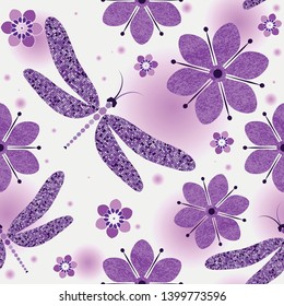 Seamless pattern with doodle mosaic purple gragonflies and grunge flowers and gradient spots on white background. Vector image. Eps 8