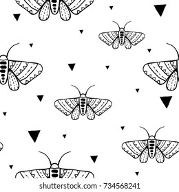  Seamless pattern with doodle moths and triangles. Hand drawn minimalistic background with beautiful butterflies. Black and white illustration. Coloring page
