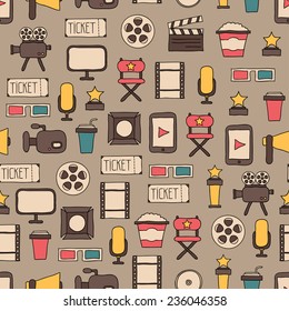 Seamless pattern of doodle movie design elements and cinema icons in flat style. 