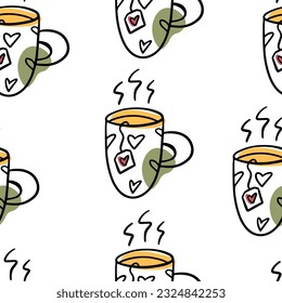 Seamless pattern Doodle mug with tea, autumn