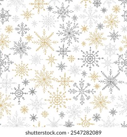 Patrón sin fisuras con copos de nieve multicolores doodle sobre un fondo blanco.