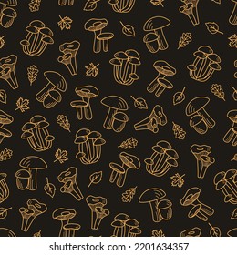 Seamless Pattern Doodle mushroom icons vector. Illustration of boletus, chanterelles, honey agaric, champignons, aspen mushroom and russula