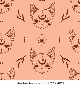 Seamless pattern with doodle mystic cat heads. Vector magic kittens texture. Boho abstract background with leaves and eyes. Hand drawn outline texture for fabric, textile, paper. Line art animals