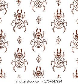 Seamless pattern with doodle mystic eye bugs. Vector magic texture. Boho abstract background with geometric shapes. Hand drawn outline texture for fabric, textile, paper. Line art insects