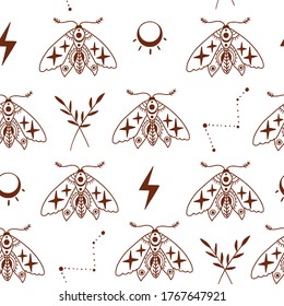 Seamless pattern with doodle mystic moths. Vector magic texture. Boho abstract background with witch symbols. Hand drawn outline butterfly texture for fabric, textile, paper. Line art insects